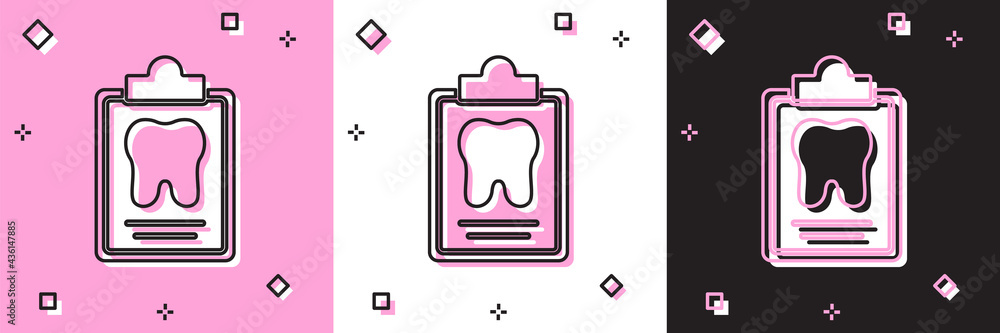 Set Clipboard with dental card or patient medical records icon isolated on pink and white, black background. Dental insurance. Dental clinic report. Vector Set Clipboard with dental card or patient medical records icon isolated on pink and white, black background. Dental insurance. Dental clinic report. Vector