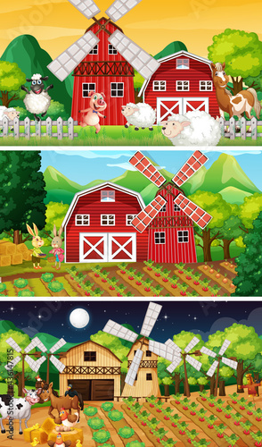 Different farm scenes with old farmer and animal cartoon character