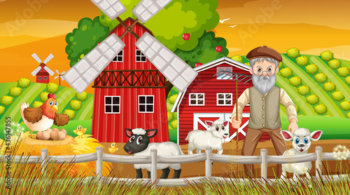 Farm at sunset time scene with old farmer man and farm animals