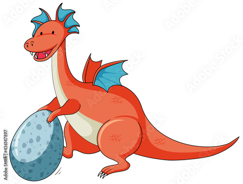 Simple cartoon character of dragon holding egg isolated
