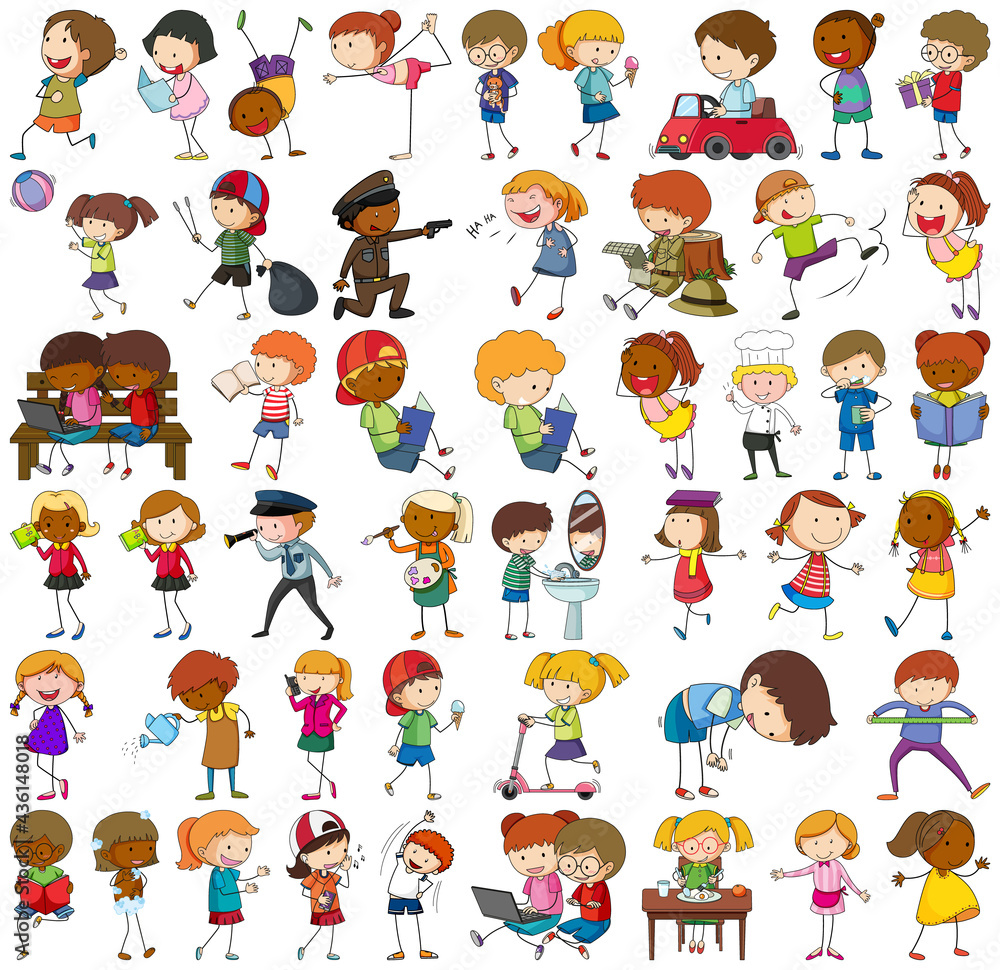 Set of different doodle kids cartoon character