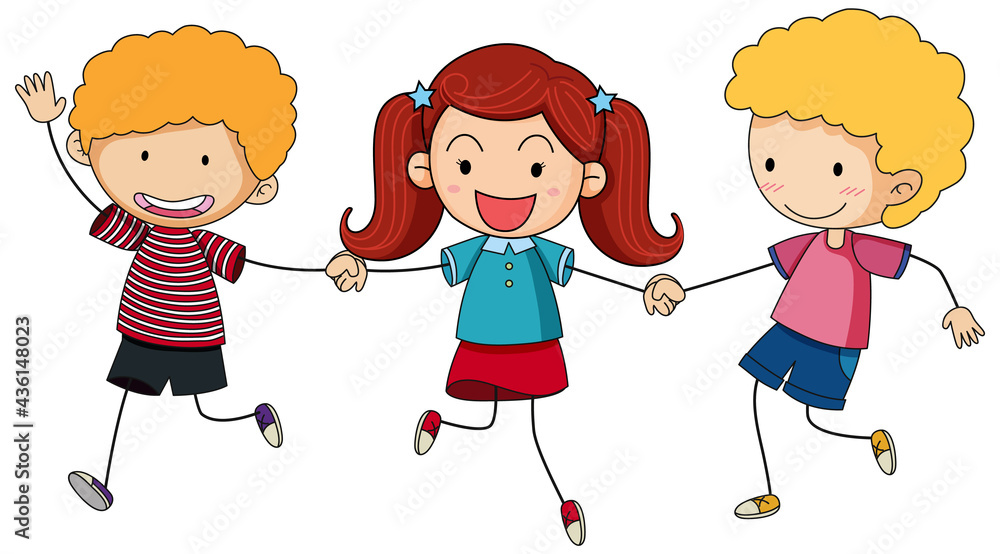 Three kids holding hands cartoon character hand drawn doodle style isolated Three kids holding hands cartoon character hand drawn doodle style isolated