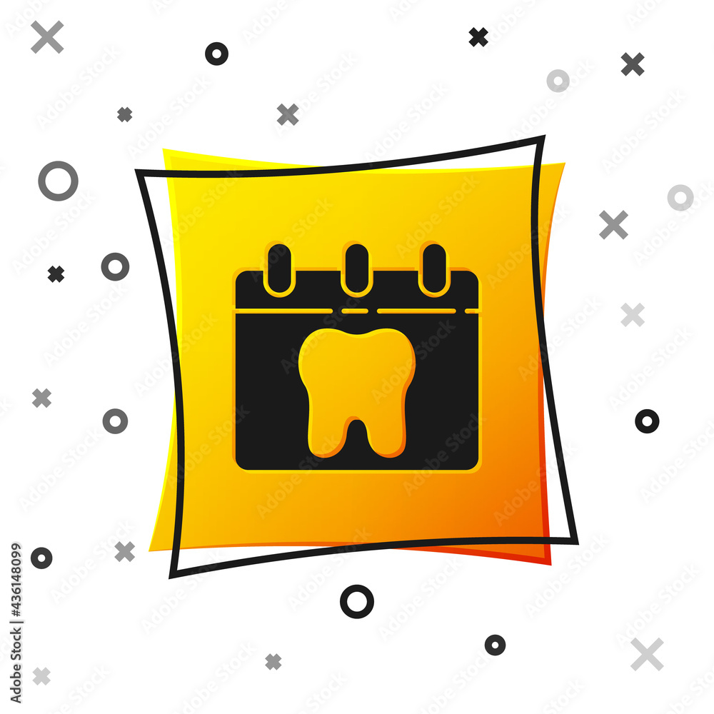 Black Calendar with tooth icon isolated on white background. International Dentist Day, March 6. March holiday calendar. Yellow square button. Vector Black Calendar with tooth icon isolated on white background. International Dentist Day, March 6. March holiday calendar. Yellow square button. Vector