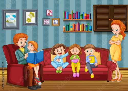 Happy family in the living room scene