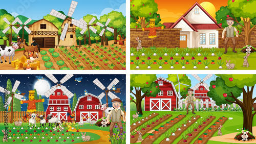 Different farm scenes with old farmer and animal cartoon character