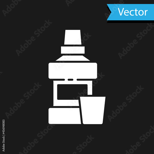 White Mouthwash plastic bottle and glass icon isolated on black background. Liquid for rinsing mouth. Oralcare equipment. Vector