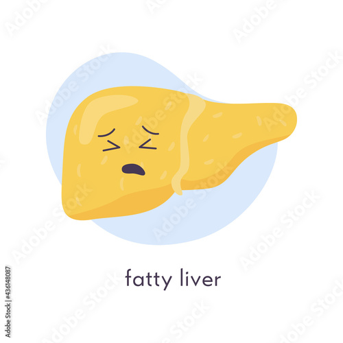 Unhealthy fatty liver character. Sad kawaii crying suffering icon of human organ on blob background. Vector illustration in flat cartoon style isolated on white.