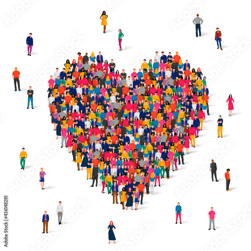 A large group of people is standing in the shape of a large heart. The concept of love, relationships, feelings, romance, family.