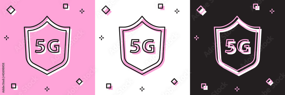 Set Protective shield 5G wireless internet wifi icon isolated on pink and white, black background. Global network high speed connection data rate technology. Vector Set Protective shield 5G wireless internet wifi icon isolated on pink and white, black background. Global network high speed connection data rate technology. Vector