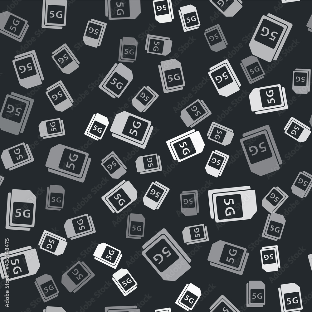 Grey 5G Sim Card icon isolated seamless pattern on black background. Mobile and wireless communication technologies. Network chip electronic connection. Vector Grey 5G Sim Card icon isolated seamless pattern on black background. Mobile and wireless communication technologies. Network chip electronic connection. Vector