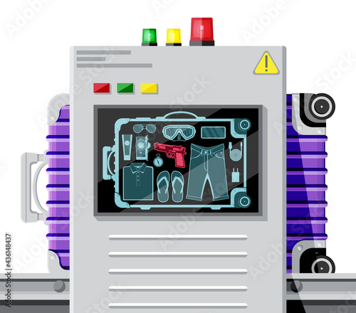 Airport Security Scanner Icon. Conveyor Belt With Passenger Luggage. Baggage Carousel Scan Isolated On White. Package X-ray Baggage. Security, Logistic And Delivery. Cartoon Flat Vector Illustration