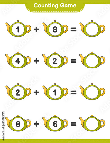 Counting game  count the number of Tea Pot and write the result. Educational children game  printable worksheet  vector illustration