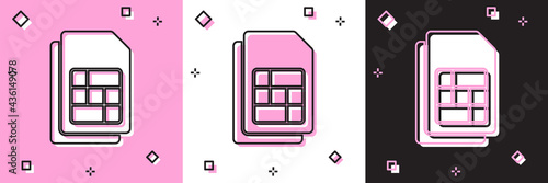 Set Sim card icon isolated on pink and white, black background. Mobile cellular phone sim card chip. Mobile telecommunications technology symbol. Vector
