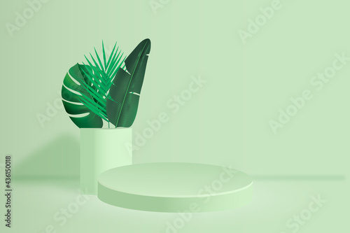 Stage background vector 3d green rendering with podium and minimal green scene, minimal abstract background 3d rendering geometric shape green pastel color. Stage vector for awards in modern.