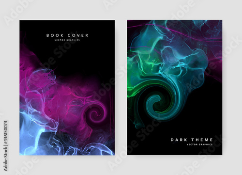 A4 Abstract book cover layouts with fiery fluid smoke, contrast colors, dark theme, alcohol ink texture backgrounds for booklets and brochures, unique graphic for print materials and business	