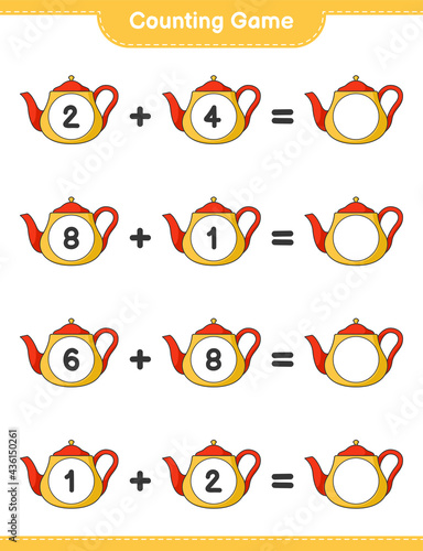 Counting game, count the number of Tea Pot and write the result. Educational children game, printable worksheet, vector illustration