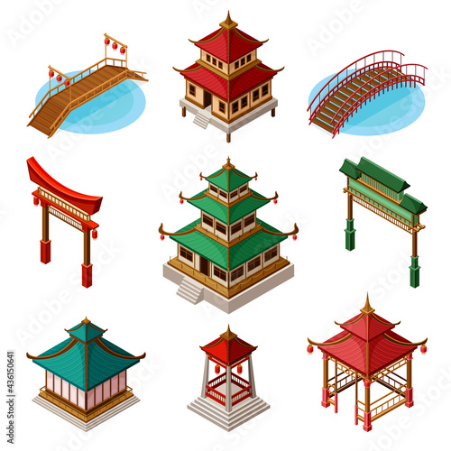 Asian Architecture with Pagoda, Gates and Bridges Isometric Vector Set