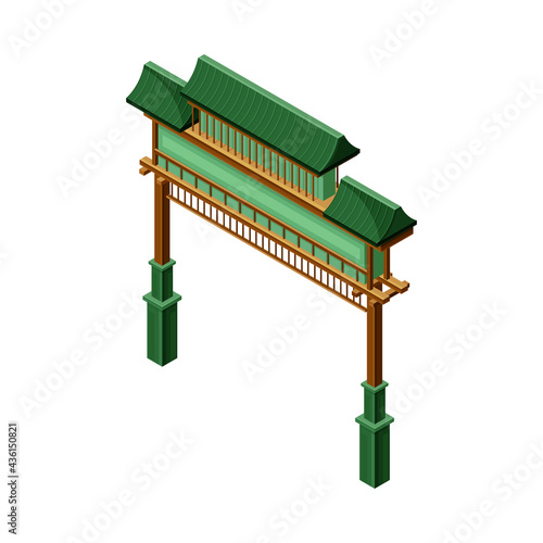 Green Gate as Symbolic Entrance at Shinto Shrine and Asian Architecture Isometric Vector Illustration