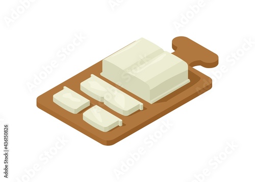 Tofu slice on cutting board. Simple flat illustration in isometric view.