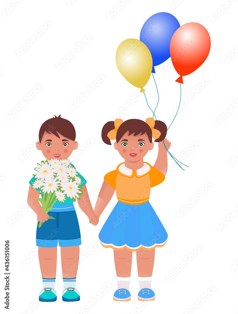 Children with balloons hold hands. The concept of a holiday, communication, dating, friendship, congratulations, learning, playing with children. Vector. Cartoon style. Children with balloons hold hands. The concept of a holiday, communication, dating, friendship, congratulations, learning, playing with children. Vector. Cartoon style.
