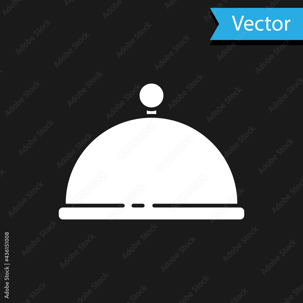 White Covered with a tray of food icon isolated on black background. Tray and lid. Restaurant cloche with lid. Kitchenware symbol. Vector White Covered with a tray of food icon isolated on black background. Tray and lid. Restaurant cloche with lid. Kitchenware symbol. Vector