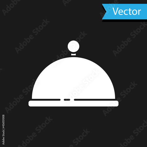 White Covered with a tray of food icon isolated on black background. Tray and lid. Restaurant cloche with lid. Kitchenware symbol. Vector