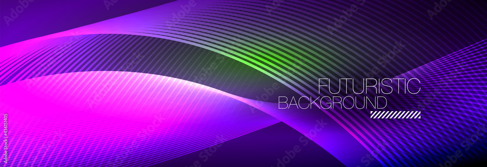 Abstract neon glowing light in the dark with waves. Shiny magic energy and motion concept, vector abstract wallpaper background Abstract neon glowing light in the dark with waves. Shiny magic energy and motion concept, vector abstract wallpaper background