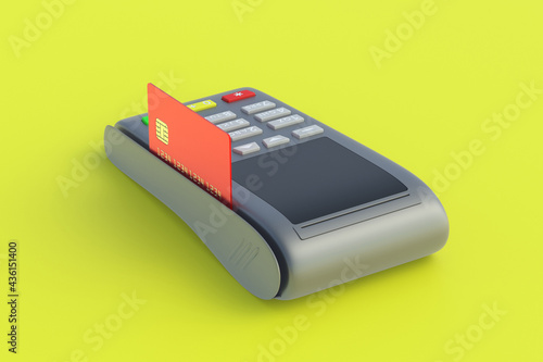 Portable cash register with plastic credit card on yellow background. 3d render