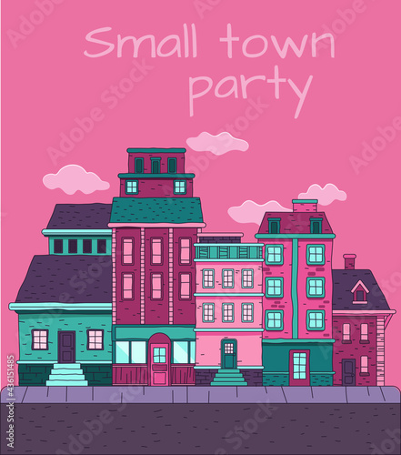 vector illustration of small town of bright colours with bold rough lines, green and purple colour scheme, party colour scheme