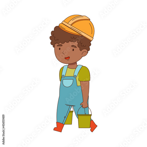 Little Boy Builder Wearing Hard Hat and Overall Carrying Heavy Buckets Vector Illustration