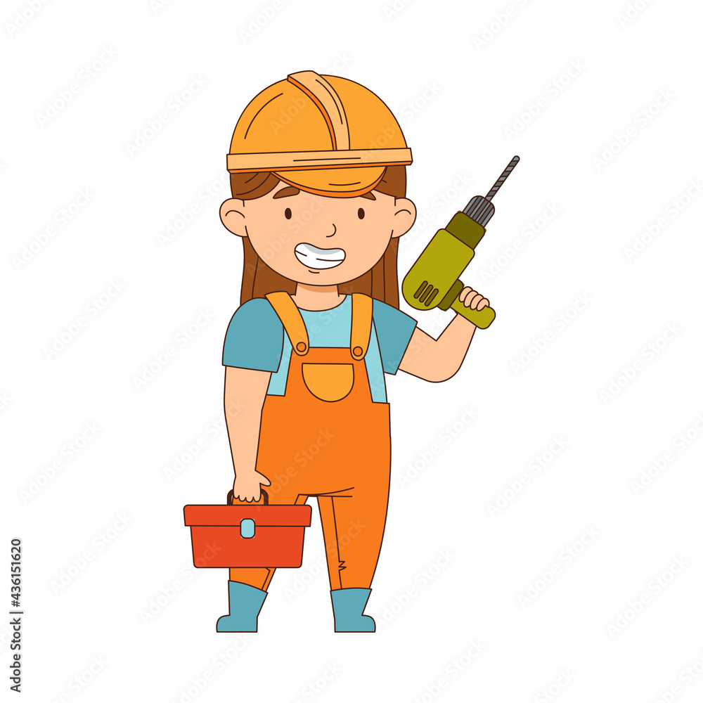 Little Girl Builder Wearing Hard Hat Holding Electric Drill Vector Illustration Little Girl Builder Wearing Hard Hat Holding Electric Drill Vector Illustration