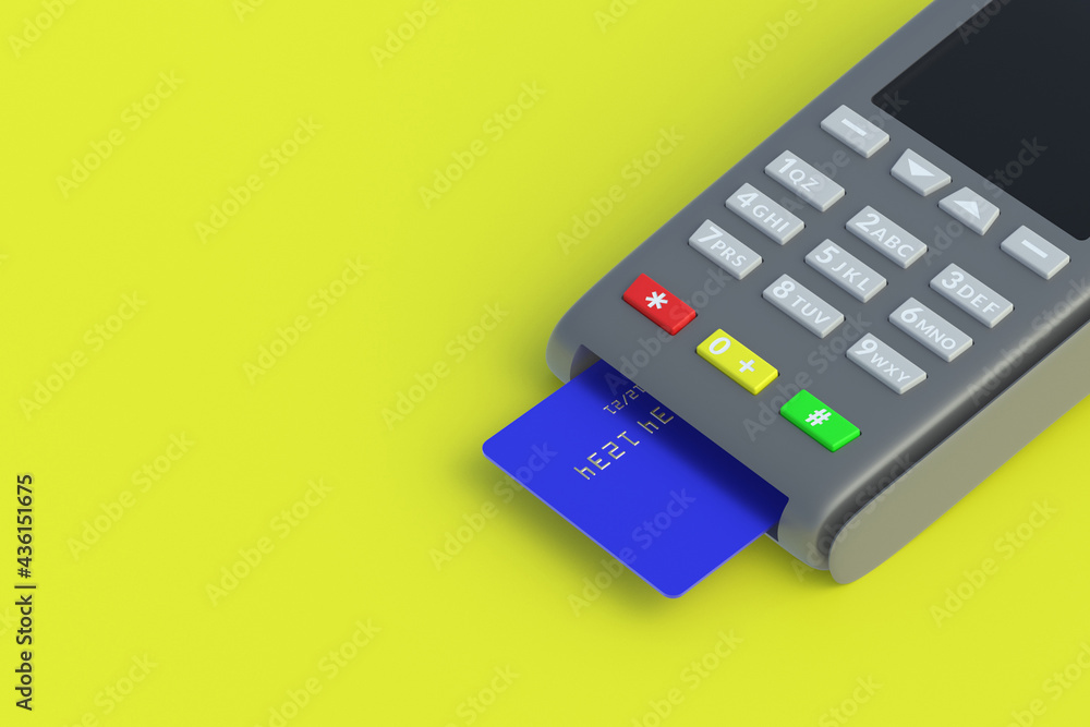 Portable cash register with plastic credit card on yellow background. Copy space. 3d render Portable cash register with plastic credit card on yellow background. Copy space. 3d render