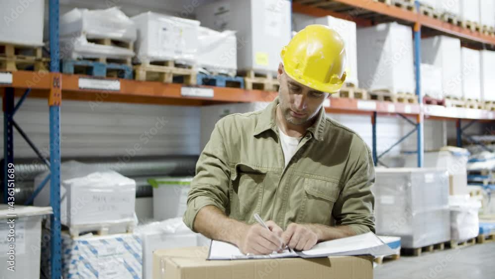 Focused Caucasian worker in signing documents in warehouse. Employee of logistic company in helmet checking orders, counting boxes. Industrial labor, production concept.