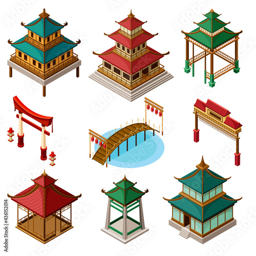 Asian Architecture with Pagoda, Gates and Bridges Isometric Vector Set