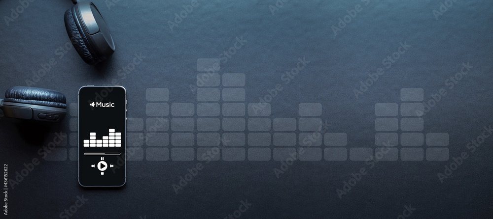 Music banner. Mobile smartphone screen with music application, sound  headphones. Audio voice with radio beats on black background. Broadcast  media music banner with copy space. Stock Photo | Adobe Stock
