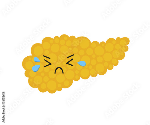 Crying pancreas kawaii sad unhealthy character. Drawing of a sick pancreas with tears. Isolated vector illustration on white background.