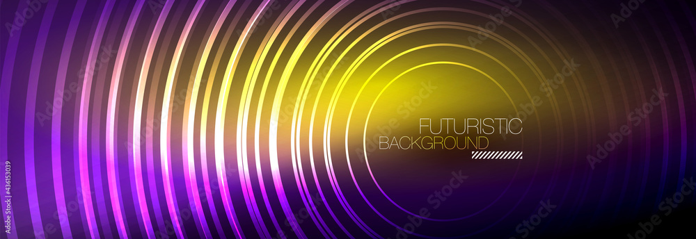 Dark abstract background with glowing neon circles. Trendy layout template for business or technology presentation, internet poster or web brochure cover, wallpaper Dark abstract background with glowing neon circles. Trendy layout template for business or technology presentation, internet poster or web brochure cover, wallpaper