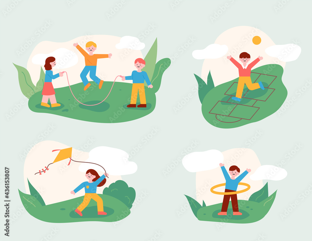 The children are playing with their friends in the park. A play of childhood memories. flat design style minimal vector illustration.