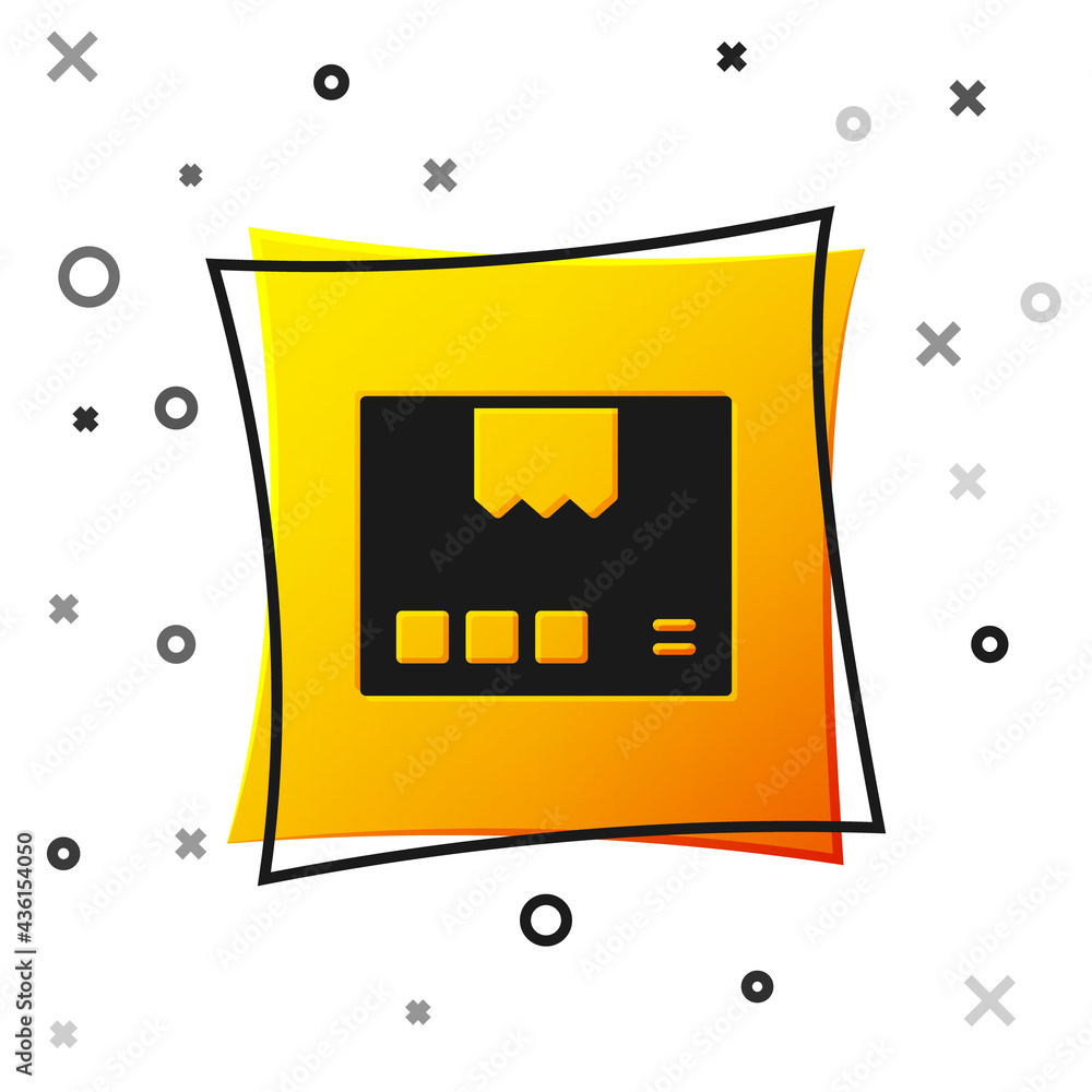 Black Carton cardboard box icon isolated on white background. Box, package, parcel sign. Delivery and packaging. Yellow square button. Vector Black Carton cardboard box icon isolated on white background. Box, package, parcel sign. Delivery and packaging. Yellow square button. Vector