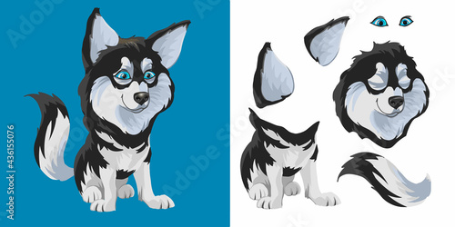 Husky. Cute funny black and white dog sits and wags its tail. Cartoon character. Classic handmate vector illustration. Isolated. Dog for animation