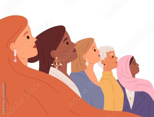 Profile of diverse women faces. Feminists of different ages and races. Diversity and equality of woman, sisterhood, girl power concept. Colored flat vector illustration isolated on white background