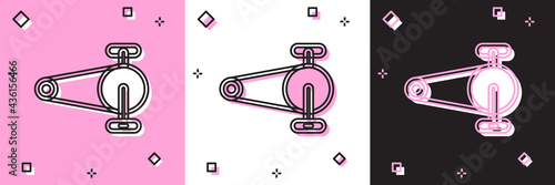Set Bicycle chain with cogwheels icon isolated on pink and white, black background. Bike chain sprocket transmission. Vector