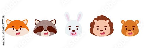 Cute little wodland animals heads set. Collection funny animals characters for kids cards, baby shower, birthday invitation, house interior. Bright colored childish vector illustration.