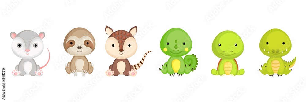 Collection of sitting little animals in cartoon style. Cute exotic animals  characters for kids cards, baby shower, birthday invitation, house  interior. Bright colored childish vector illustration. Stock Vector | Adobe  Stock