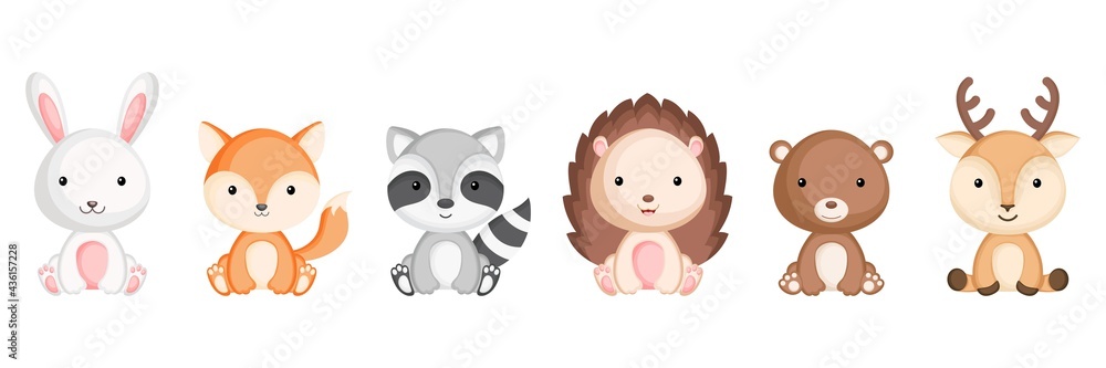 Collection of sitting little animals in cartoon style. Cute woodland animals characters for kids cards, baby shower, birthday invitation, house interior. Bright colored childish vector illustration. Collection of sitting little animals in cartoon style. Cute woodland animals characters for kids cards, baby shower, birthday invitation, house interior. Bright colored childish vector illustration.