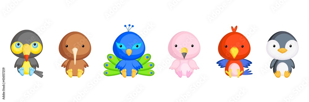 Collection of sitting little animals in cartoon style. Cute tropical birds characters for kids cards, baby shower, birthday invitation, house interior. Bright colored childish vector illustration.
