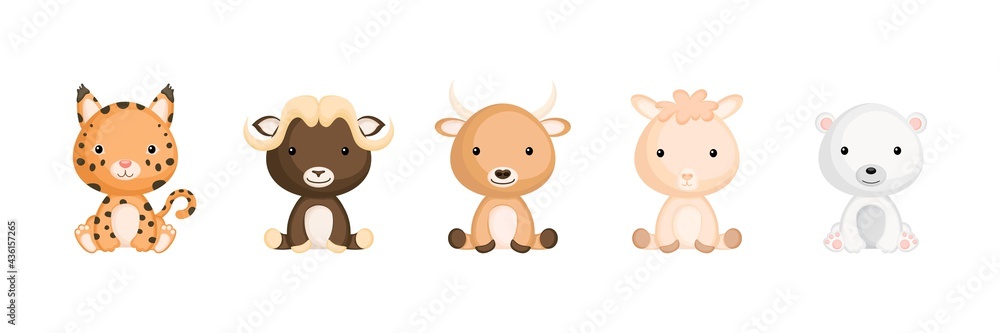 Collection of sitting little animals in cartoon style. Cute woodland animals characters for kids cards, baby shower, birthday invitation, house interior. Bright colored childish vector illustration. Collection of sitting little animals in cartoon style. Cute woodland animals characters for kids cards, baby shower, birthday invitation, house interior. Bright colored childish vector illustration.
