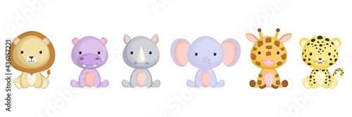 Collection of sitting little animals in cartoon style. Cute african animals characters for kids cards, baby shower, birthday invitation, house interior. Bright colored childish vector illustration.