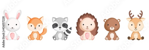 Collection of sitting little animals in cartoon style. Cute woodland animals characters for kids cards, baby shower, birthday invitation, house interior. Bright colored childish vector illustration. photo