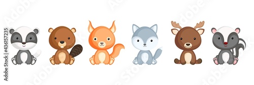 Collection of sitting little animals in cartoon style. Cute woodland animals characters for kids cards, baby shower, birthday invitation, house interior. Bright colored childish vector illustration.